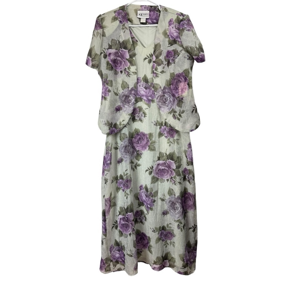 Vintage NWT Size 16 Green Purple Roses Sleeveless Maxi Dress Cardigan Fairy Y2k